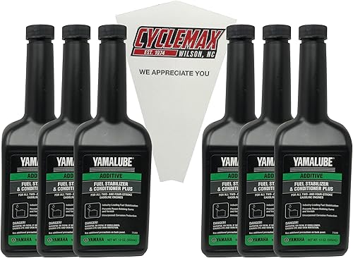 Paquete de seis compatibles con estabilizador y acondicionador de combustible Yamaha Yamalube Plus ACC-FSTAB-PL-12 contiene seis botellas de 12