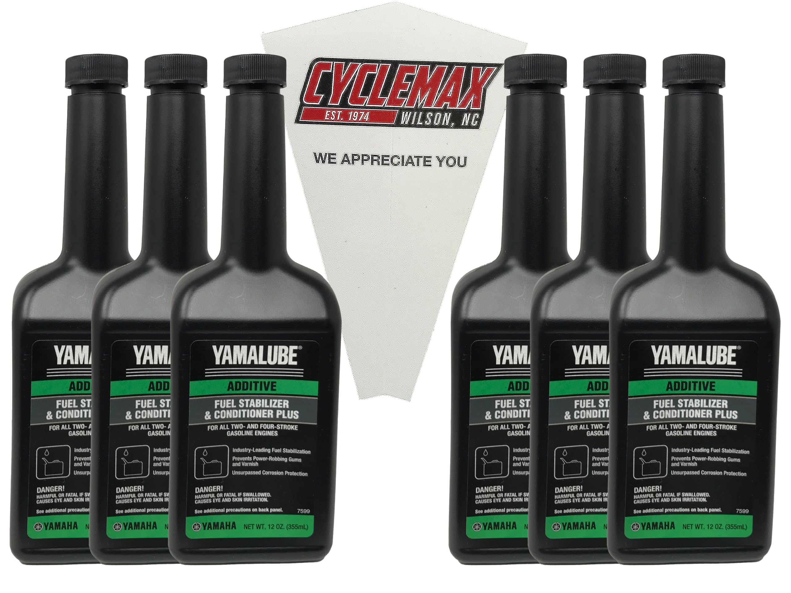CYCLEMAX Six Pack Compatible with Yamaha Yamalube Fuel Stabilizer & Conditioner Plus ACC-FSTAB-PL-12 Contains Six 12oz Bottles and a Funnel