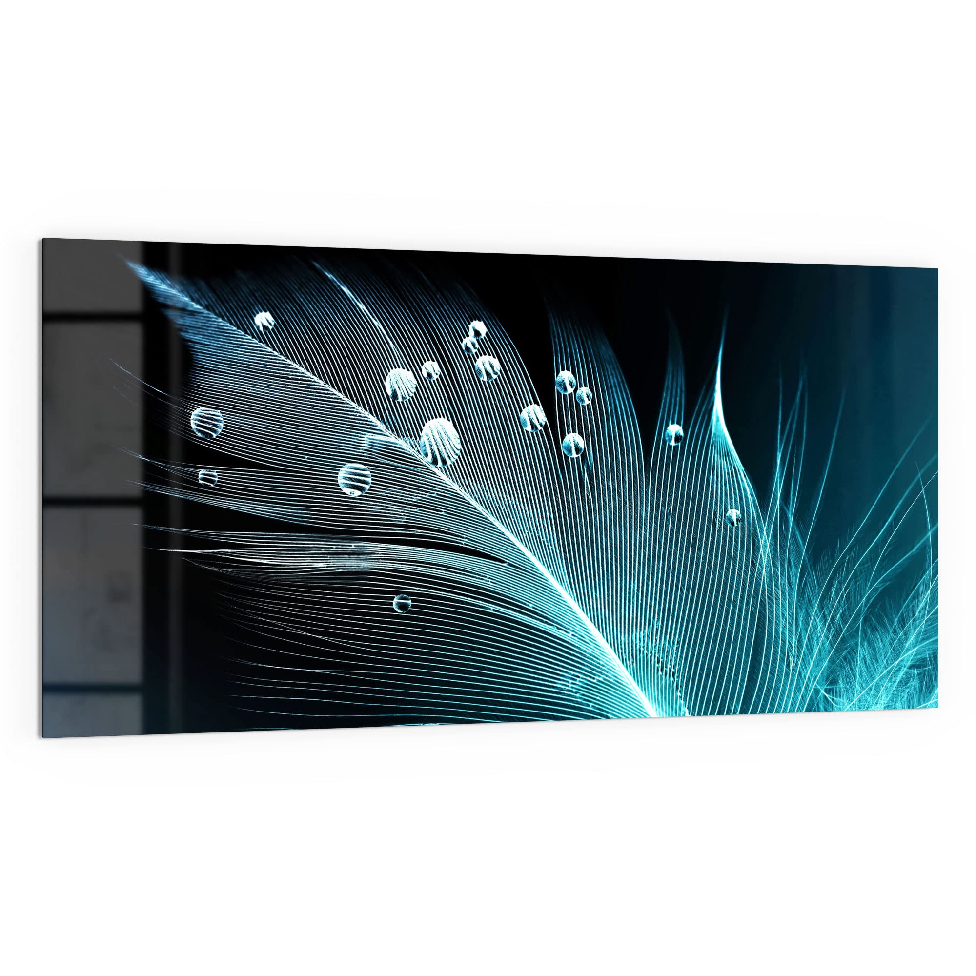 DEQORI Crédence de cuisine en verre | Motif plume avec perles d'eau | 100 x 50 cm | Panneau arrière de salle de bain ou de cuisinière | Protection anti-éclaboussures pour cuisine et salle de bain |