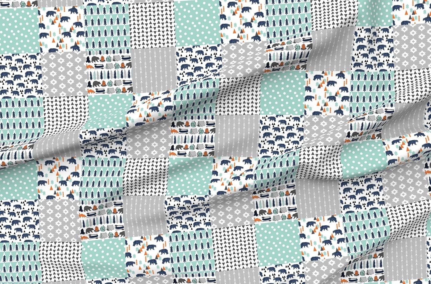 Spoonflower Fabric - Camping Wholecloth Squares Mint Navy Blue Boys Room Nursery Quilt Printed on Organic Cotton Sateen Fabric by The Yard - Sewing Quilting Apparel Home Decor