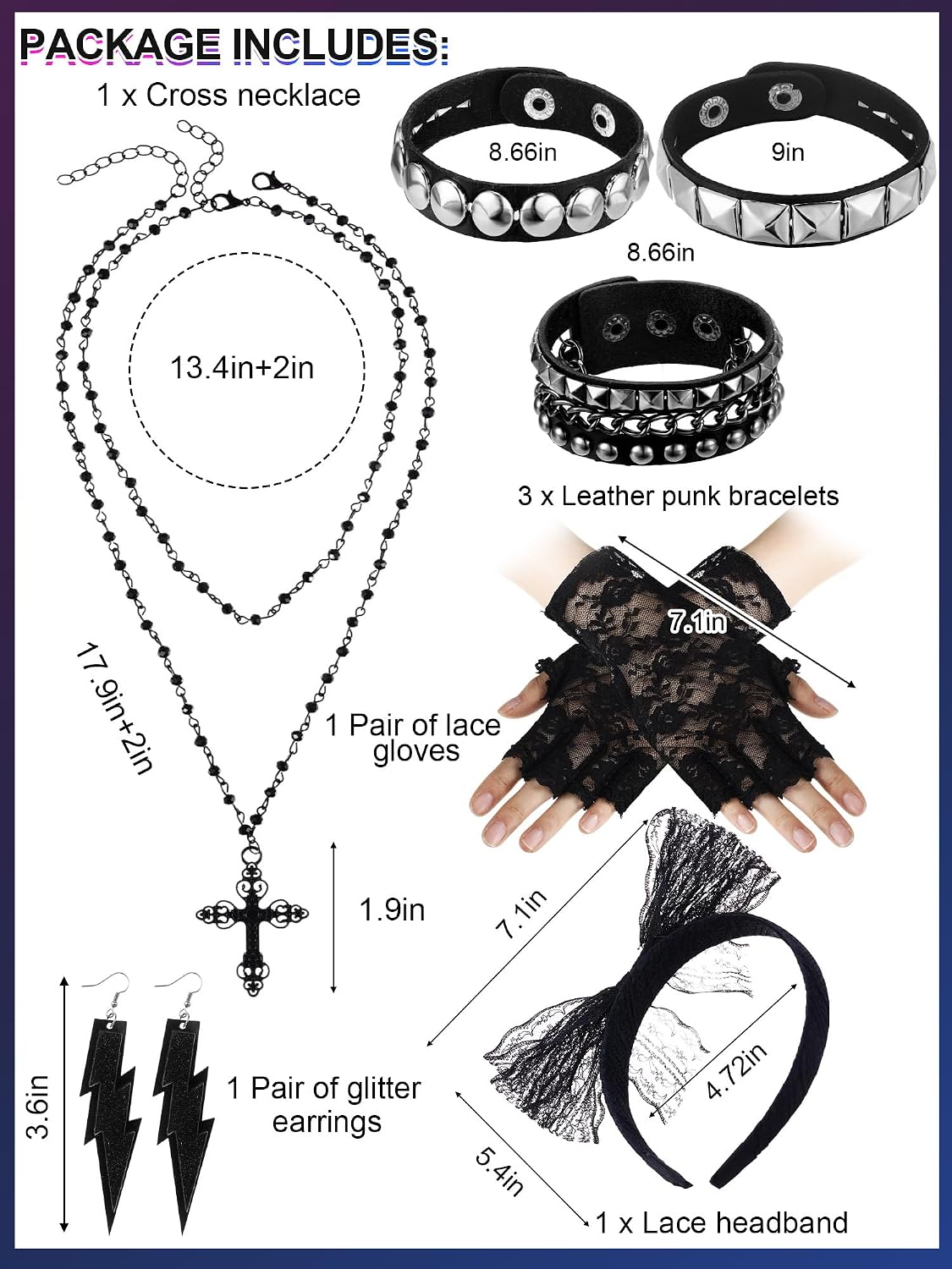 Ecation 7 Pcs 80s Women Costume Accessories Halloween Leather Punk Bracelet Black Cross Necklace Lace Headband Fishnet Glove
