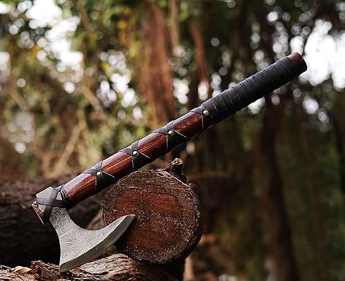 Miniatura 15 de Hacha Viking Hacha de lanzamiento de acero al carbono de 18 pulgadas con mango de madera de fresno y funda de cuero, diseño nórdico grabado