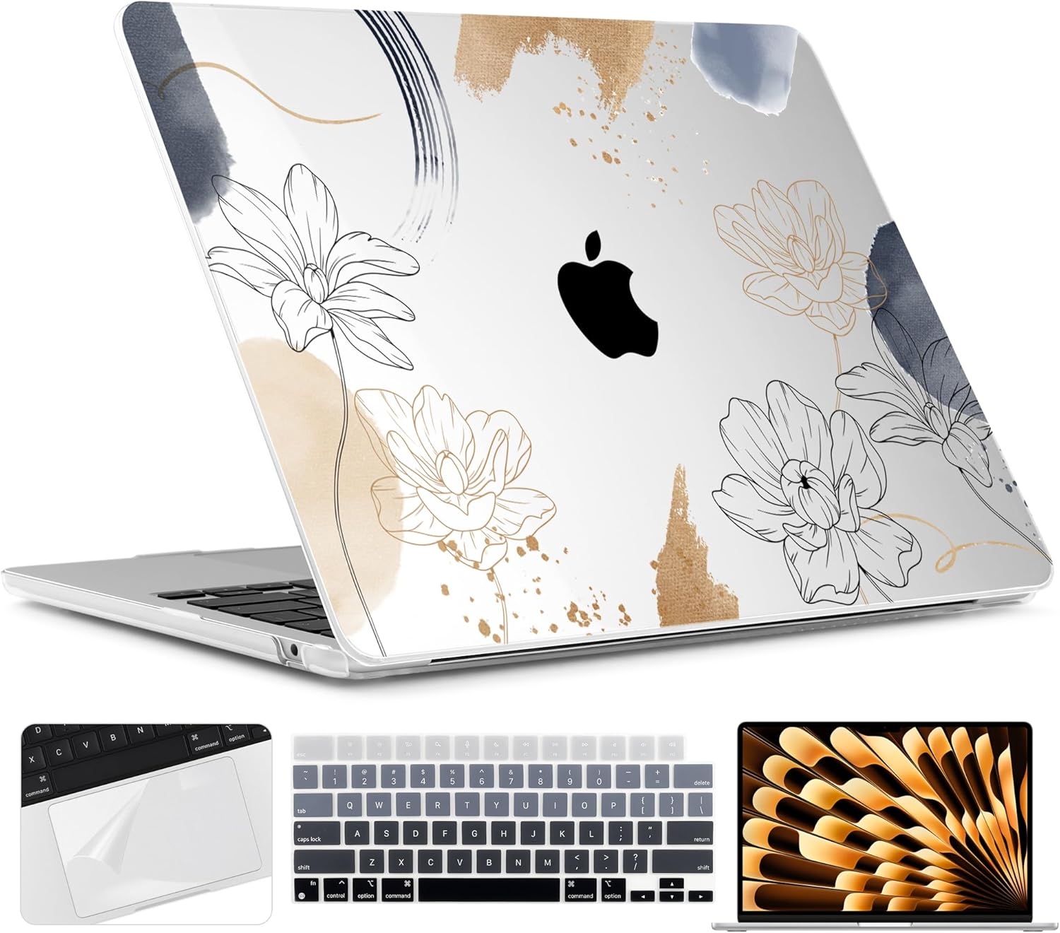 TWOLSKOO for MacBook Air 15 inch Case 2025 2024 2023 Release M4 A3241 M3 A3114 M2 A2941, Plastic Hard Shell & Screen Protector & Keyboard Cover & Trackpad Film, Florals X450
