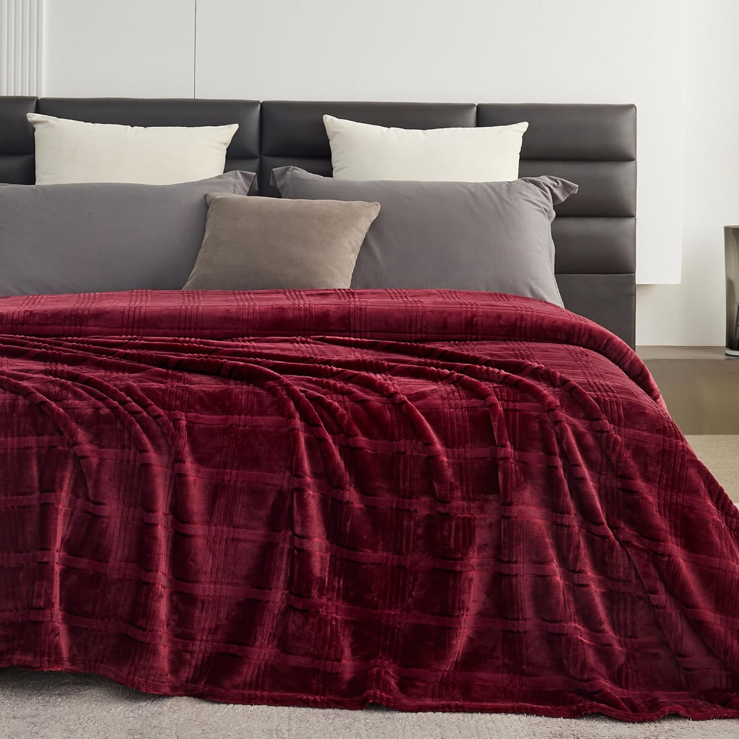 Super Soft Flannel Queen Blanket 90x90 Inches, Premium Checkered Jacquaed Silky Fleece Lightweight Bed Blanket All Season Use, Burgundy Strip, 90"x90"