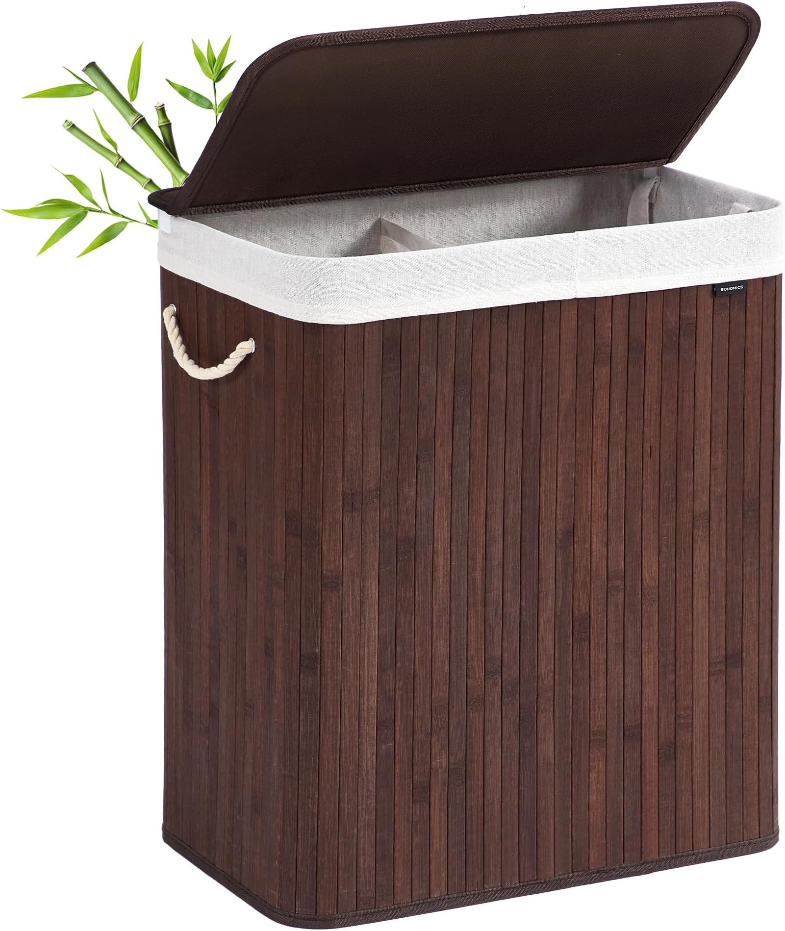 SONGMICS - Laundry Basket with Lid - Bamboo Laundry Basket with 2 Sorting Compartments, Removable Bag, Cotton Handles - Volume 100L, for Laundry Room, Bedroom - Brown - LCB72Z