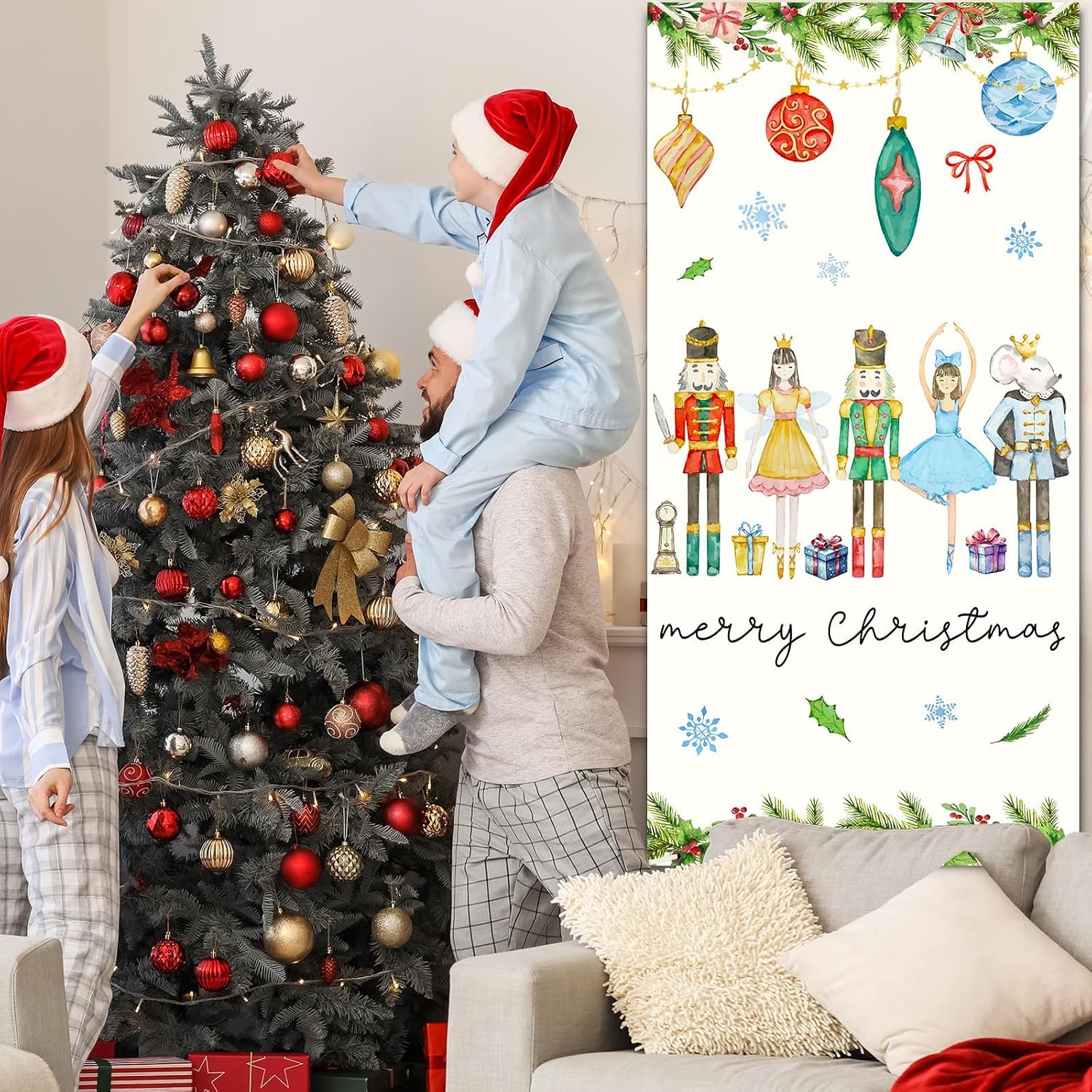 Merry Christmas Nutcracker Door Cover Watercolor Nutcracker Door Banner Merry Christmas Hanging Covers for Front Porch Xmas Party Supplies Xmas Backdrop Decor