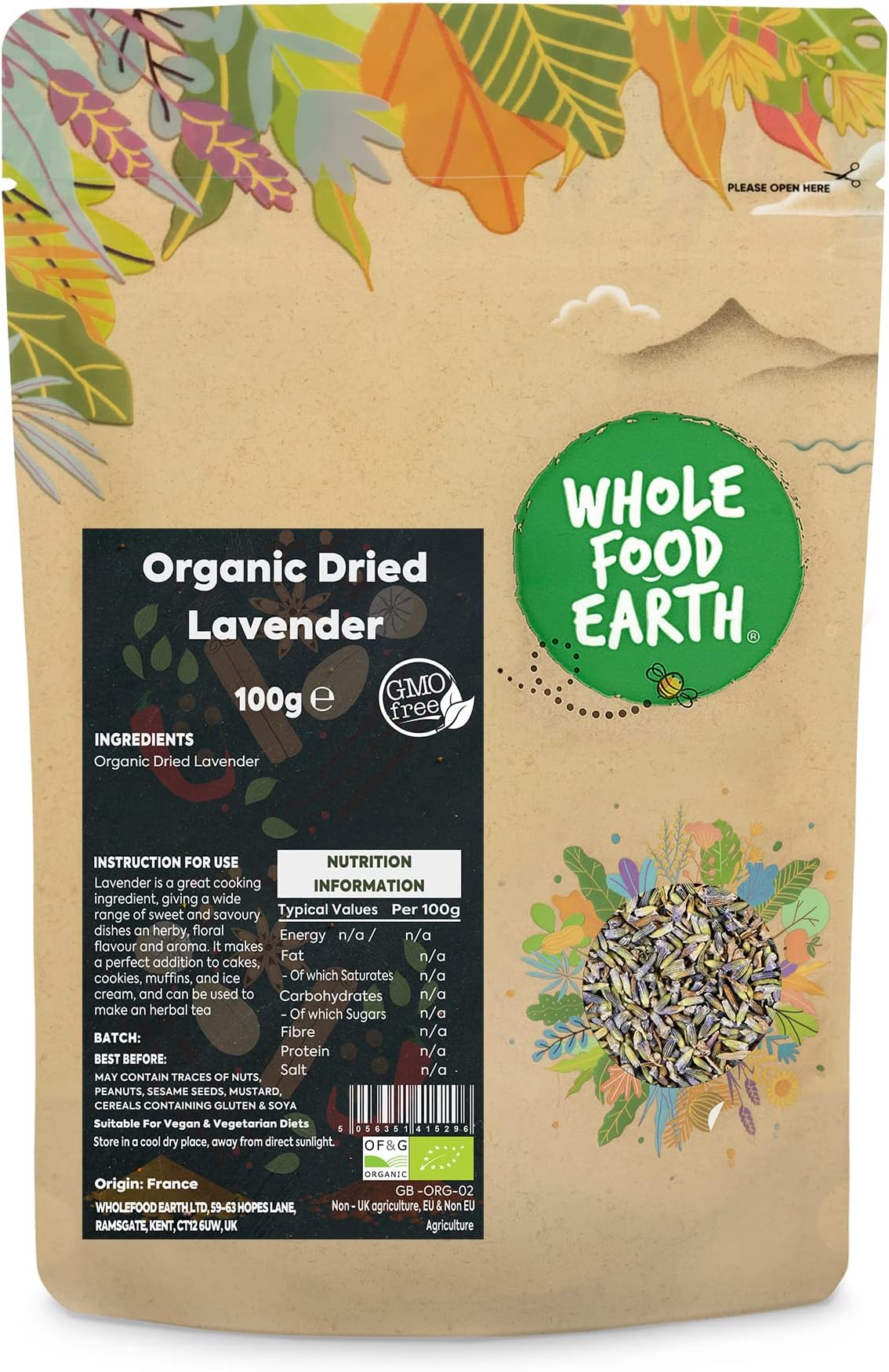 Wholefood Earth Organic Dried Lavender 100 g | GMO Free | Certified Organic