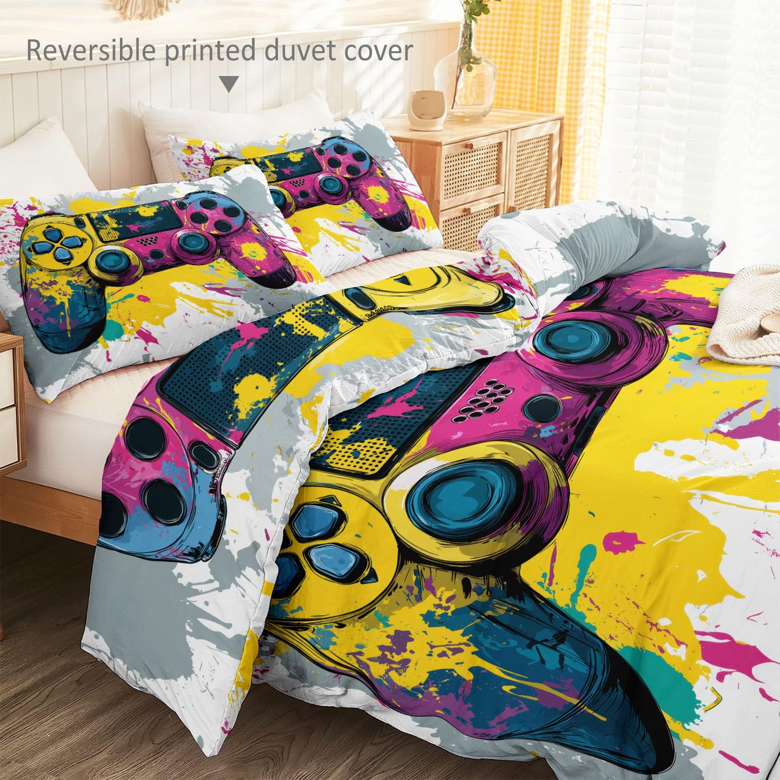 Controller Per Videogiochi Arte Cartoni Animati Set Copripiumino Matrimoniale 180x220cm,con 2 federe,Parure Copripiumino Microfibra con Stampa Digitale,Colorato Biancheria da Letto Decorativo