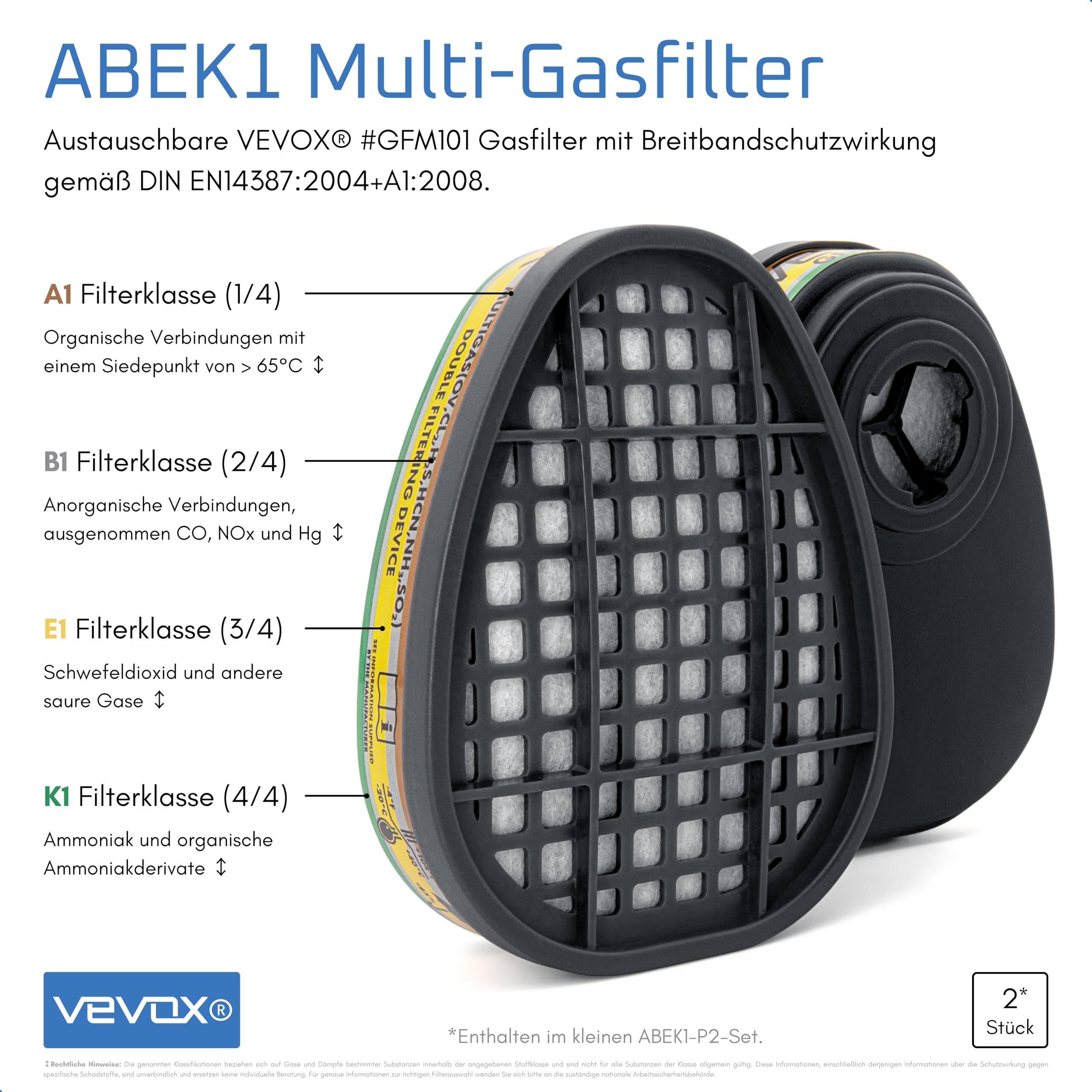 VEVOX® Atemschutzmaske – ABEK1P2 Filter – Schutz gegen Feinstaub, Gase & Dämpfe – Zum Lackieren, Schleifen & Sanieren – Gasmaske, Staubmaske & Lackiermaske – 6x P2 & 2x ABEK1 Filter