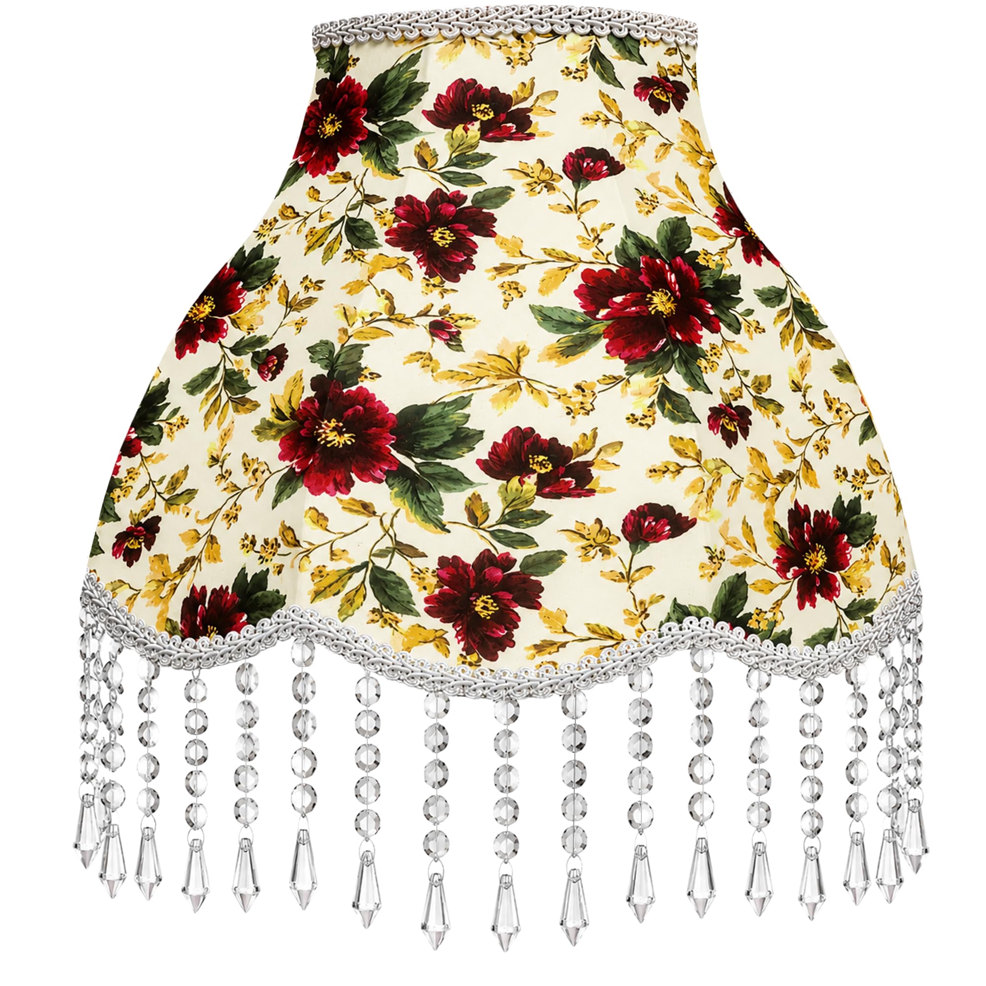 Victorian Bell Scalloped Light Shade with Acrylic Bead Droplets, 33cm Bottom Diameter, Metal Harp & 2 Ring Adapters Included, Rococo Fabric with Rose & Floral Pattern