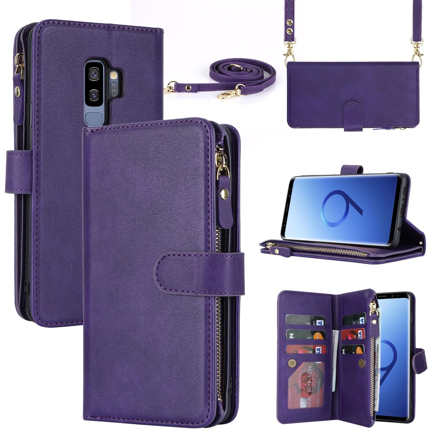 iCoverCase for Samsung Galaxy S9 Plus Wallet Case with Card Holder for Women, Crossbody Lanyard Strap Kickstand PU Leather Case with Zipper Pocket Credit Card Slots Cover (Purple)
