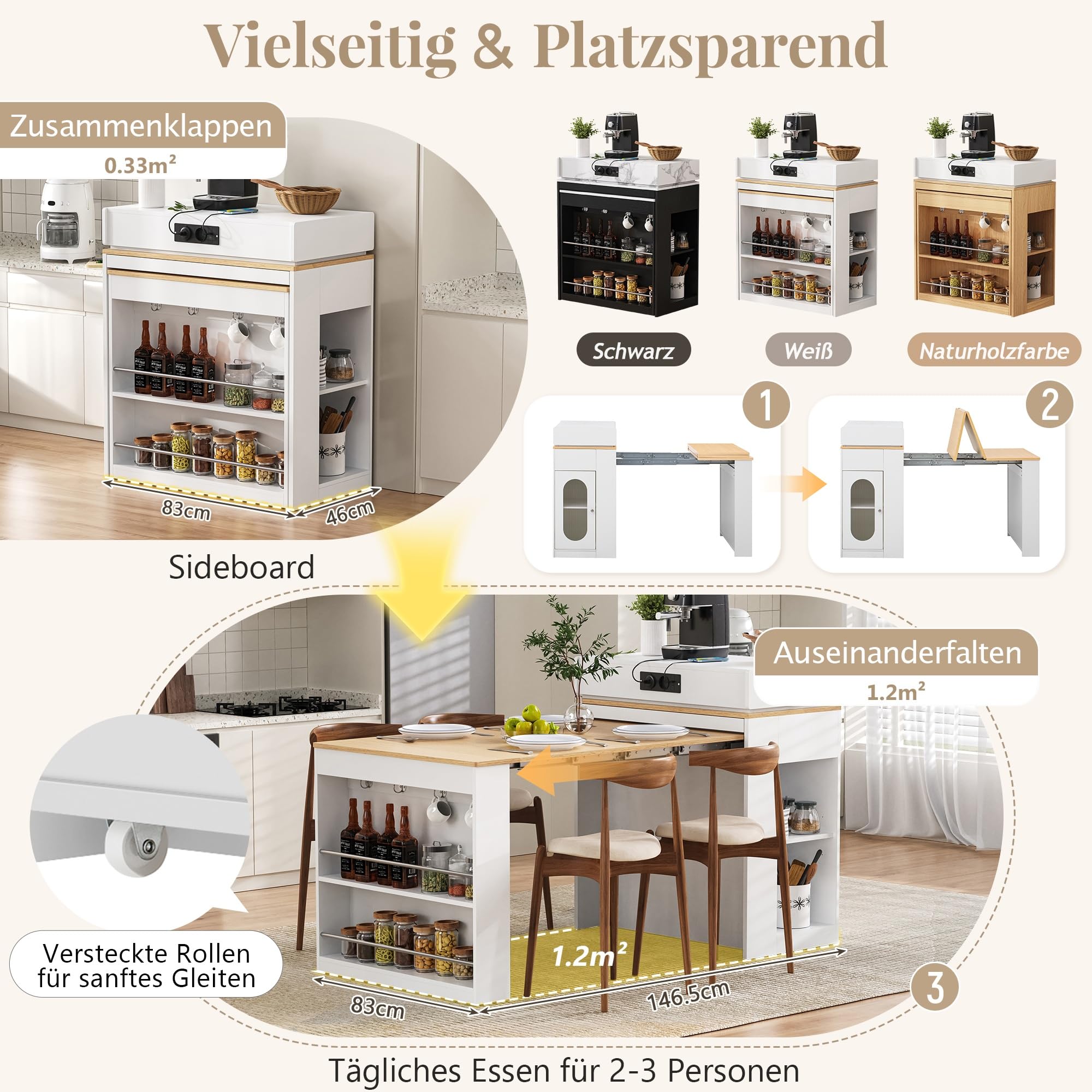 Modernes Kücheninsel mit Rollen, Ausziehbarer Esstisch mit Steckdosenleisten und Haken, als Kücheninsel, Sideboard oder Bartisch für Küche und Esszimmer, Weiß Holzoptik,J