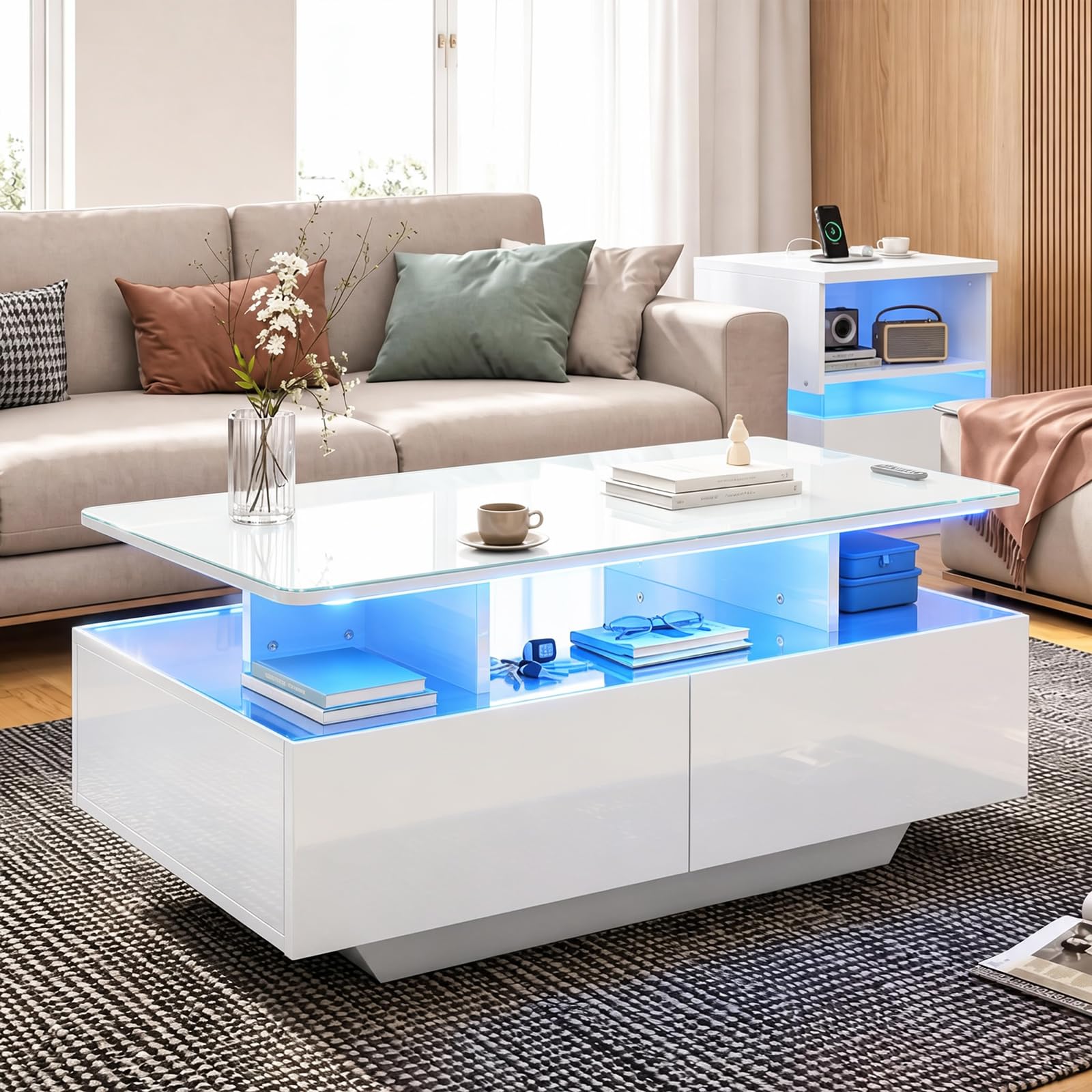 COSTWAY High Gloss LED Coffee Table with 4 Drawers, 20-Color Lights (White)