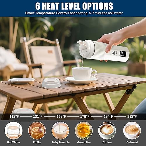 Miniatura 5 de KIVRA Hervidor de viaje portátil de acero inoxidable 316, caldera de agua portátil de 15.2 fl oz con 6 controles de temperatura, apagado automático