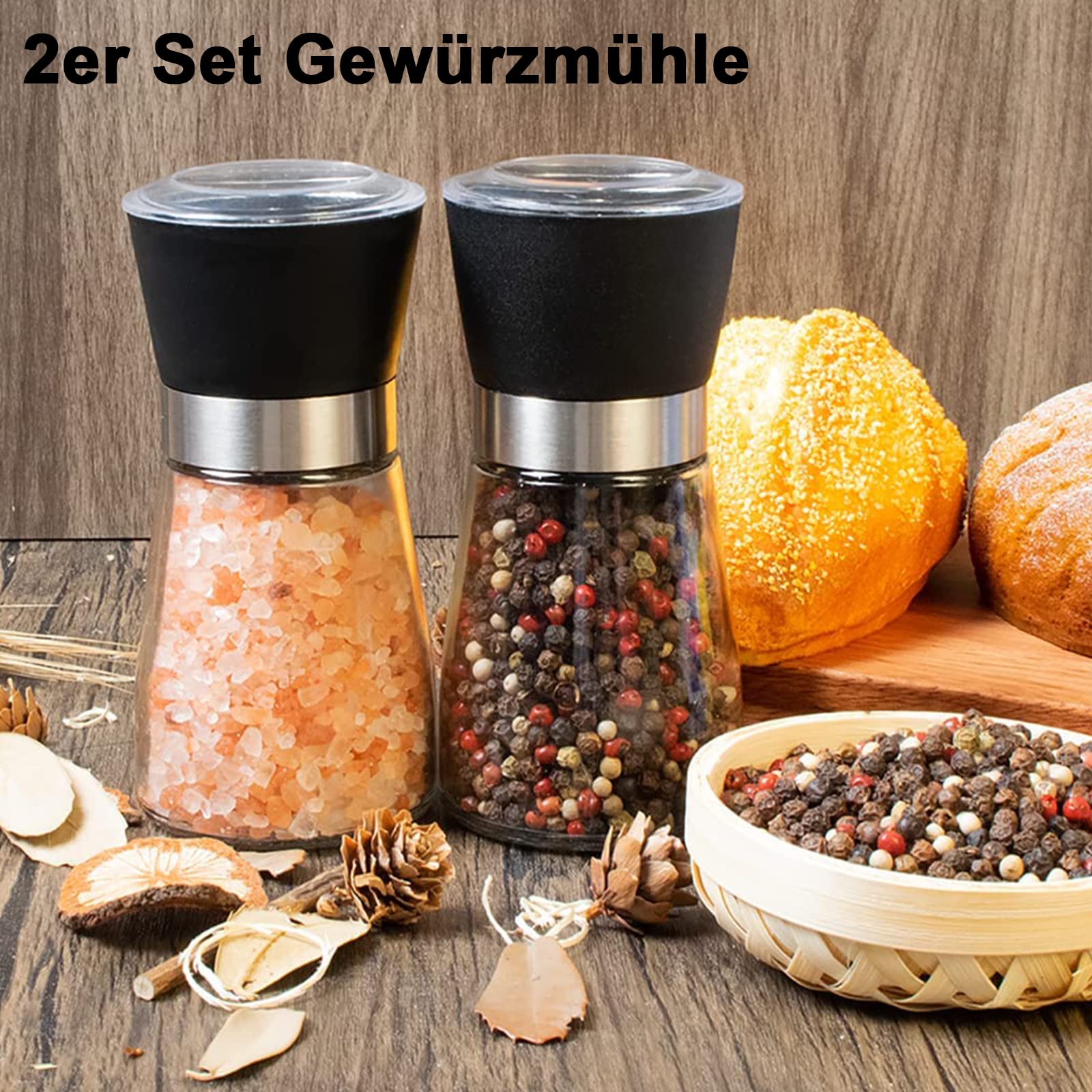 Set di 2 Macinapepe Manuale, Macina Sale e Pepe, con Macinino in Ceramica Regolabile, per Spezie Varie, Nero