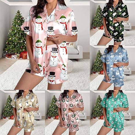 Pyjama Court Femme En Satin Imprimé Noël - Haut Manches Courtes Et Short Baggy, Confortable Et Festif