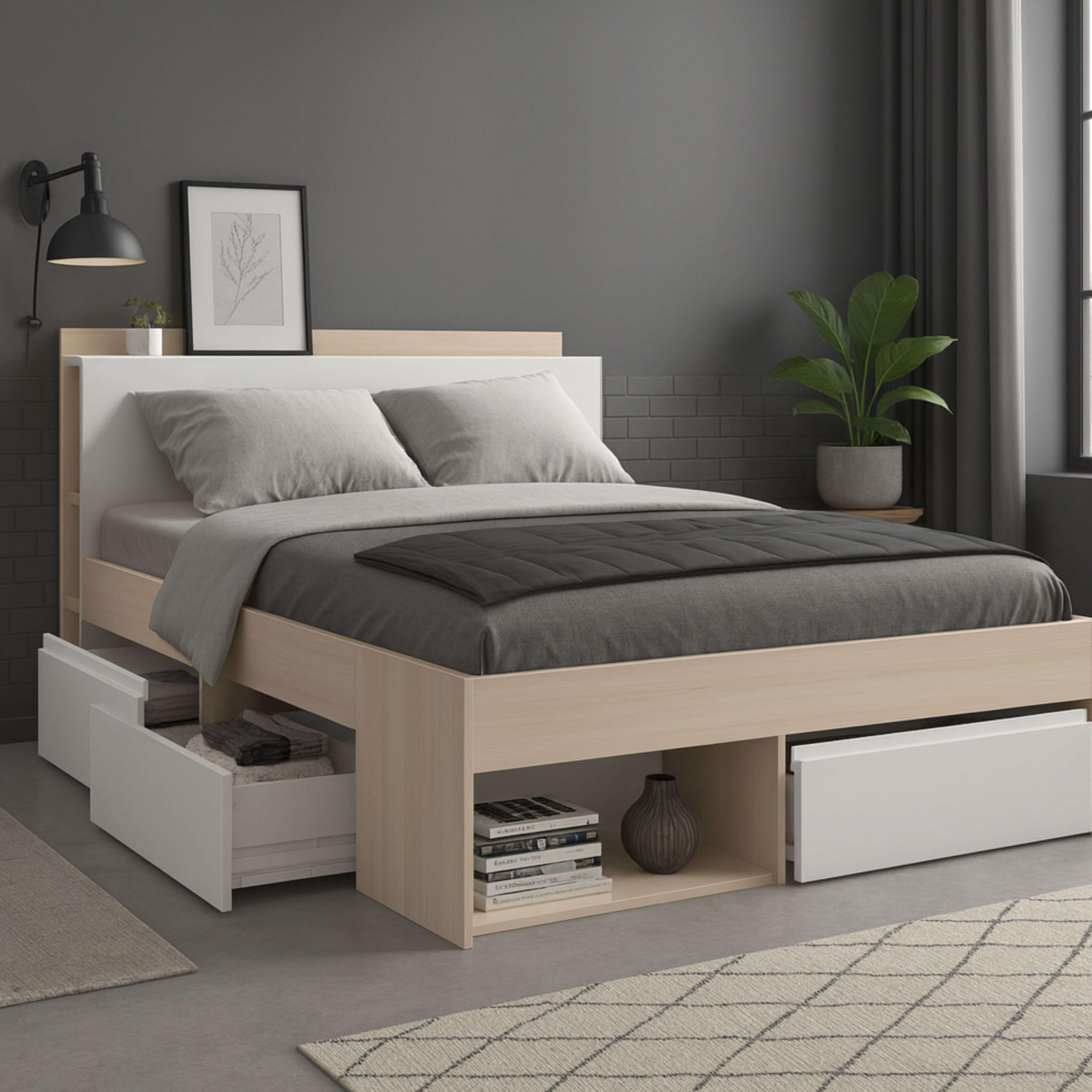 Miroytengo Cama de Matrimonio 135‑140×190/200 cm Acacia y Blanco con Almacenaje y Cajones
