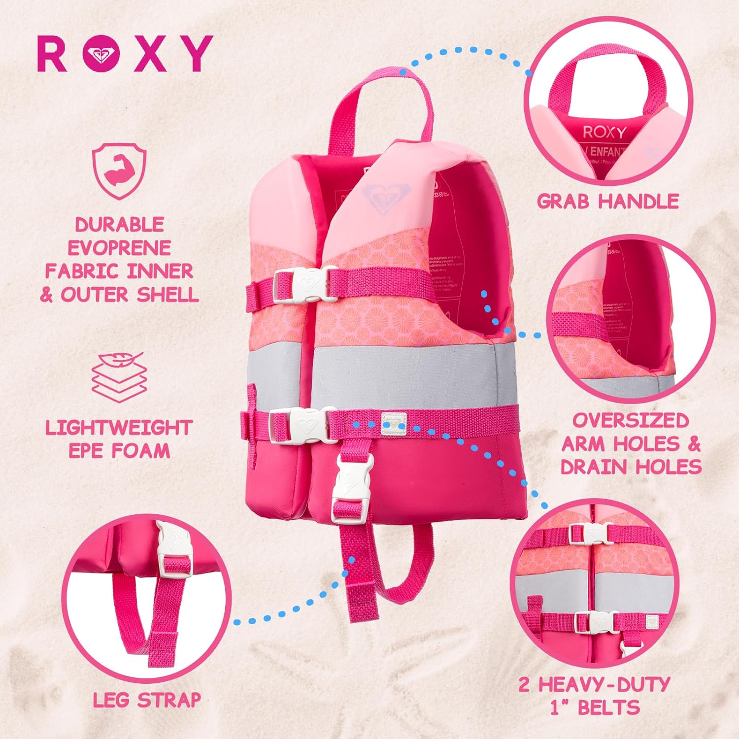 ROXY Life Jacket for Youth/Kids/Toddler, USCG Approved Type III PFD, Light-Weight EPE Foam Life Vest with Quick-Release Buckles, for Boating Paddling Kayaking Fishing Watersports