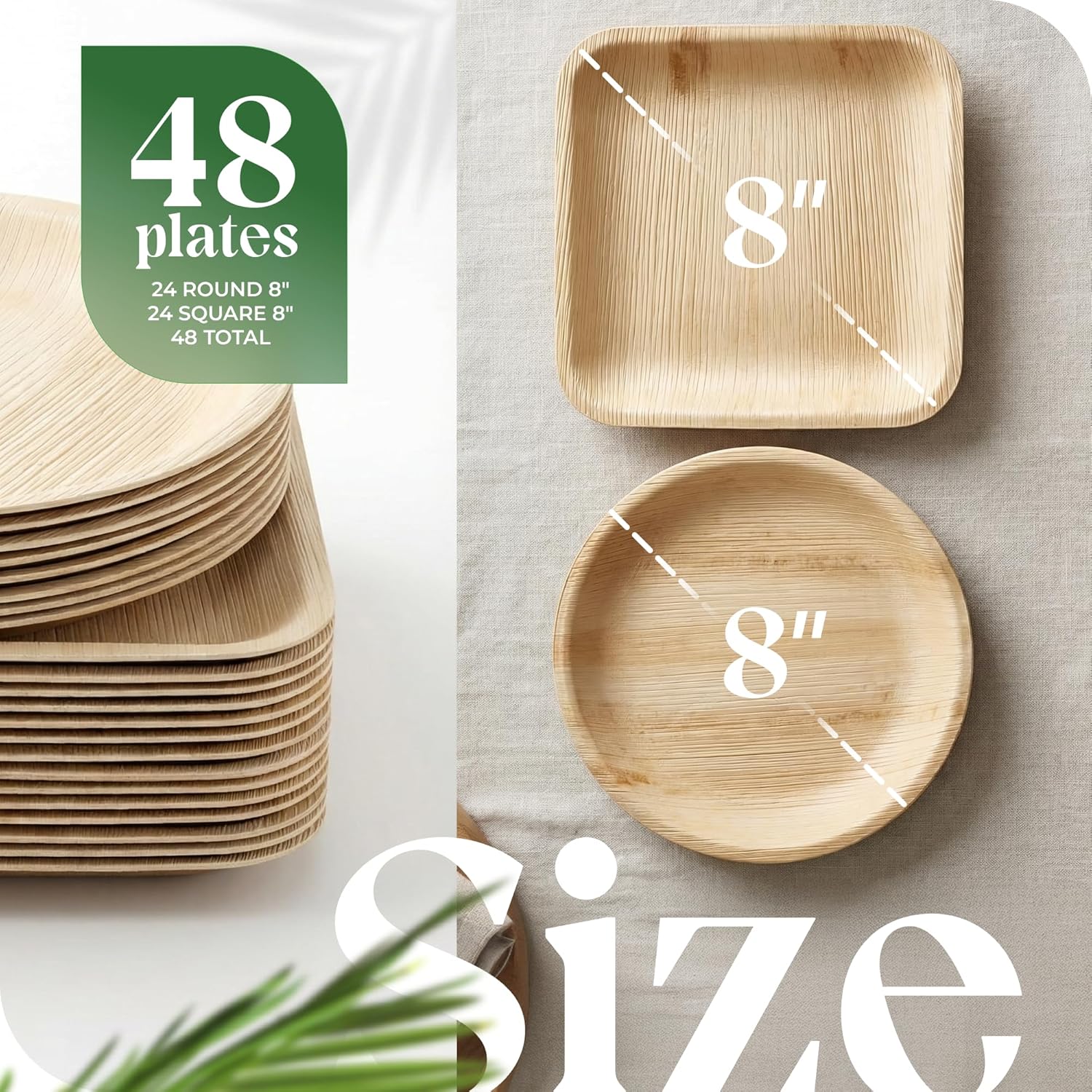 Palm Leaf Plates 48 Pack (24 Round + 24 Square 8 Inch) - Heavy Duty Compostable Disposable Plates Like Bamboo - Eco Friendly Biodegradable Party Plates for Wedding Events