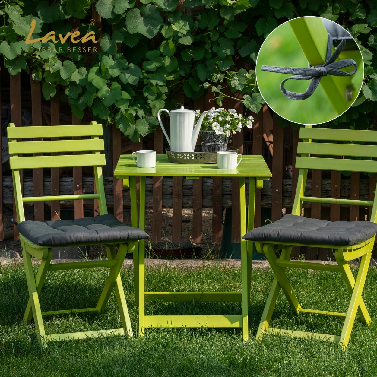 Lavea® Cojines para Silla 40x40 cm – Juego de 4 con Lazos – Interior/Exterior – Cómodos y Lavables, Ideales para Jardín, Cocina, Balcón y Terraza - Amarillo Pálido