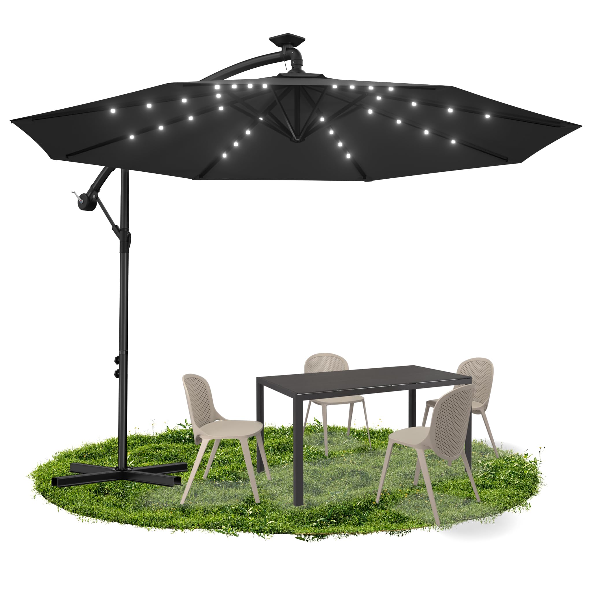 Suusolny Ampelschirm Ø350cm komfortable Kurbelbedienung stufenlos neigbarer UV50+ Sonnenschutz wetterfest Outdoor-Schirm optional mit Solar LED-Lichtern dekorativer Freizeitschirm in Anthrazit/Beige
