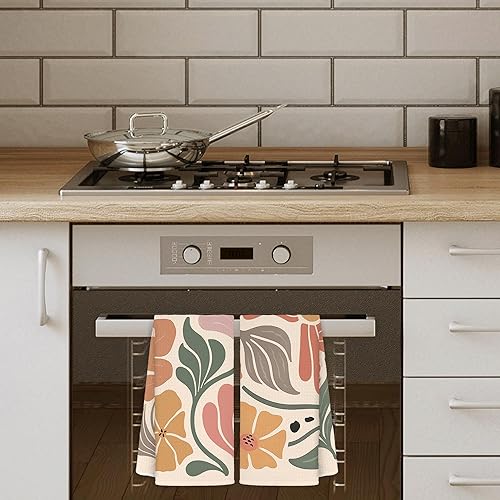 Miniatura 2 de Juego de 2 toallas de cocina abstractas y bohemias, diseño floral retro de los años 70 para baño, paños de cocina florales para cocina, decoración