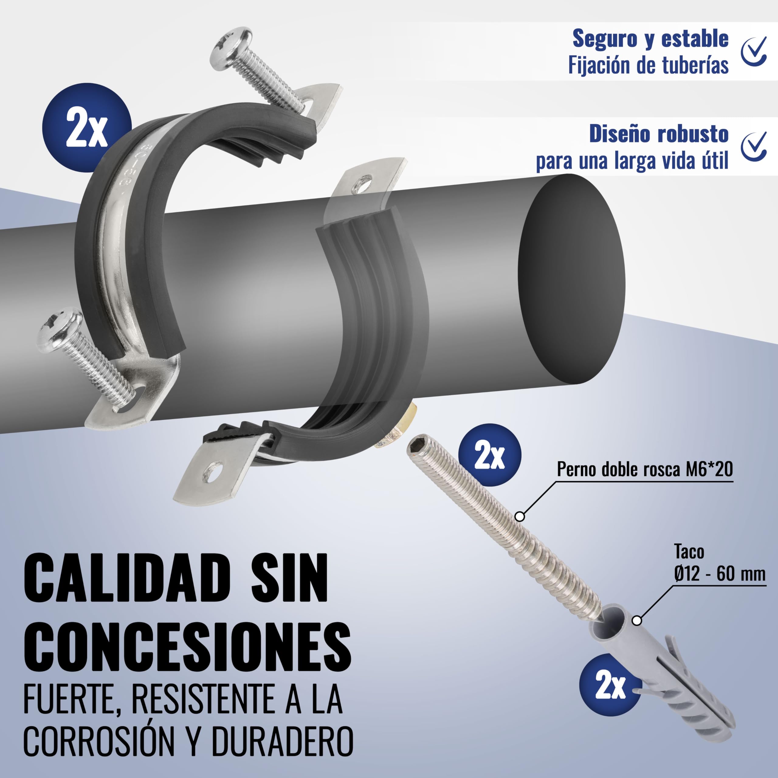 Poppstar 2x Abrazaderas de manguera de acero inoxidable W4 (rango de sujeción 40-43 mm, 1 1/4") con tornillos prisioneros M8*82 y tacos