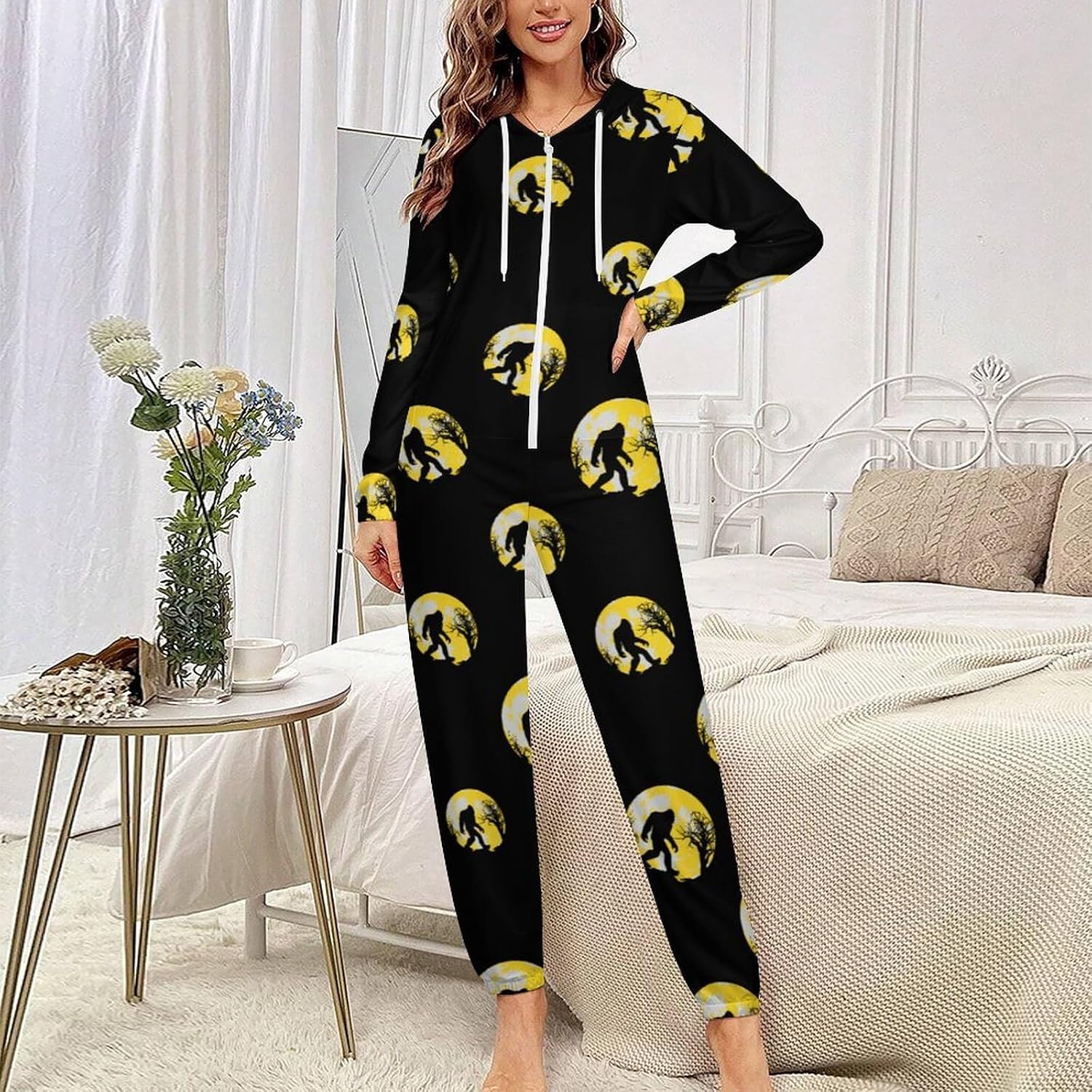Bigfoot Sasquatch Full Moon Adult Pajamas Onesie with Hood Pocket Jumpsuits One Piece Sleepwear