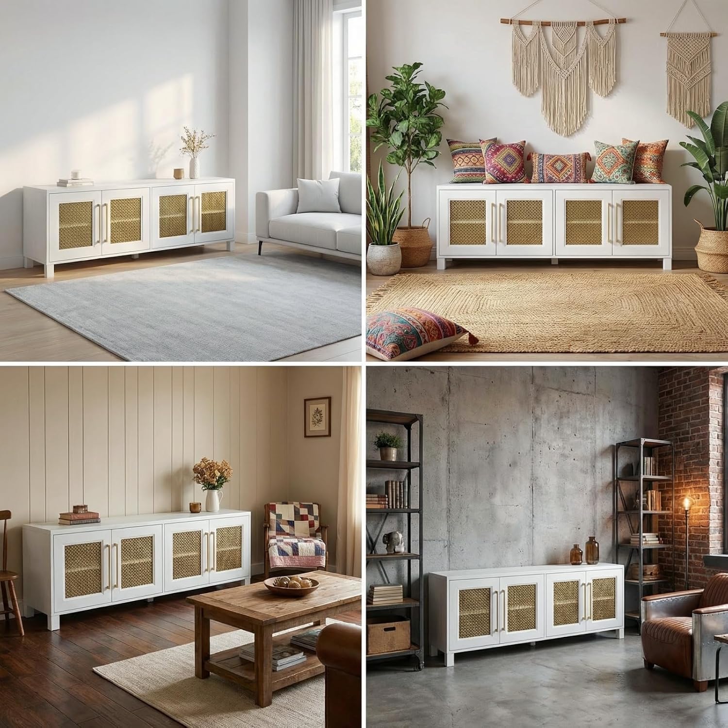 JYED Boho TV Stand for 65/70/75 inch TV, White TV & Media Console with 4 Gold Metal Mesh Doors - Modern Entertainment Center with Storage Cabinets for Living Room, 69.5" L