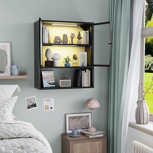 Miniatura 6 de Armario de pared de metal con puertas de vidrio y luces LED, botiquín montado en la pared sobre el inodoro, gabinete de almacenamiento que ahorra