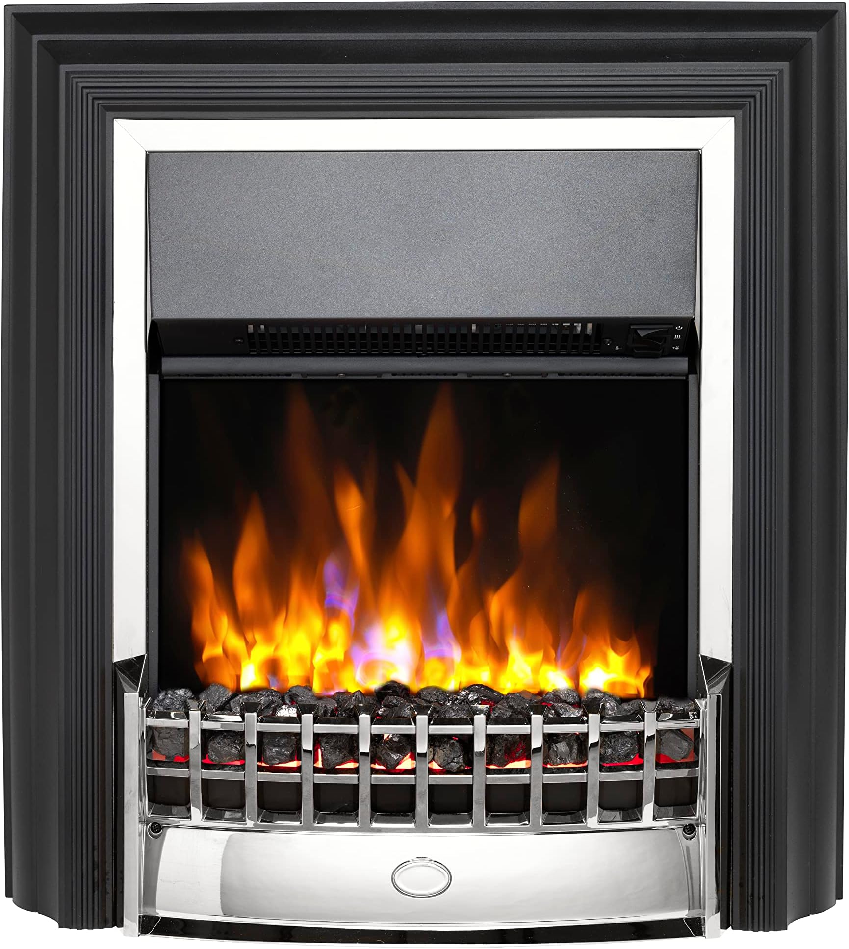 Cheriton Deluxe Freestanding Optiflame Electric Fire, Chrome and Black Freestanding LED Flame Effect with Variable Flame Brightness, Coal Fuel Bed, 2kW Fan Heater and 1000/2000 Watt Settings
