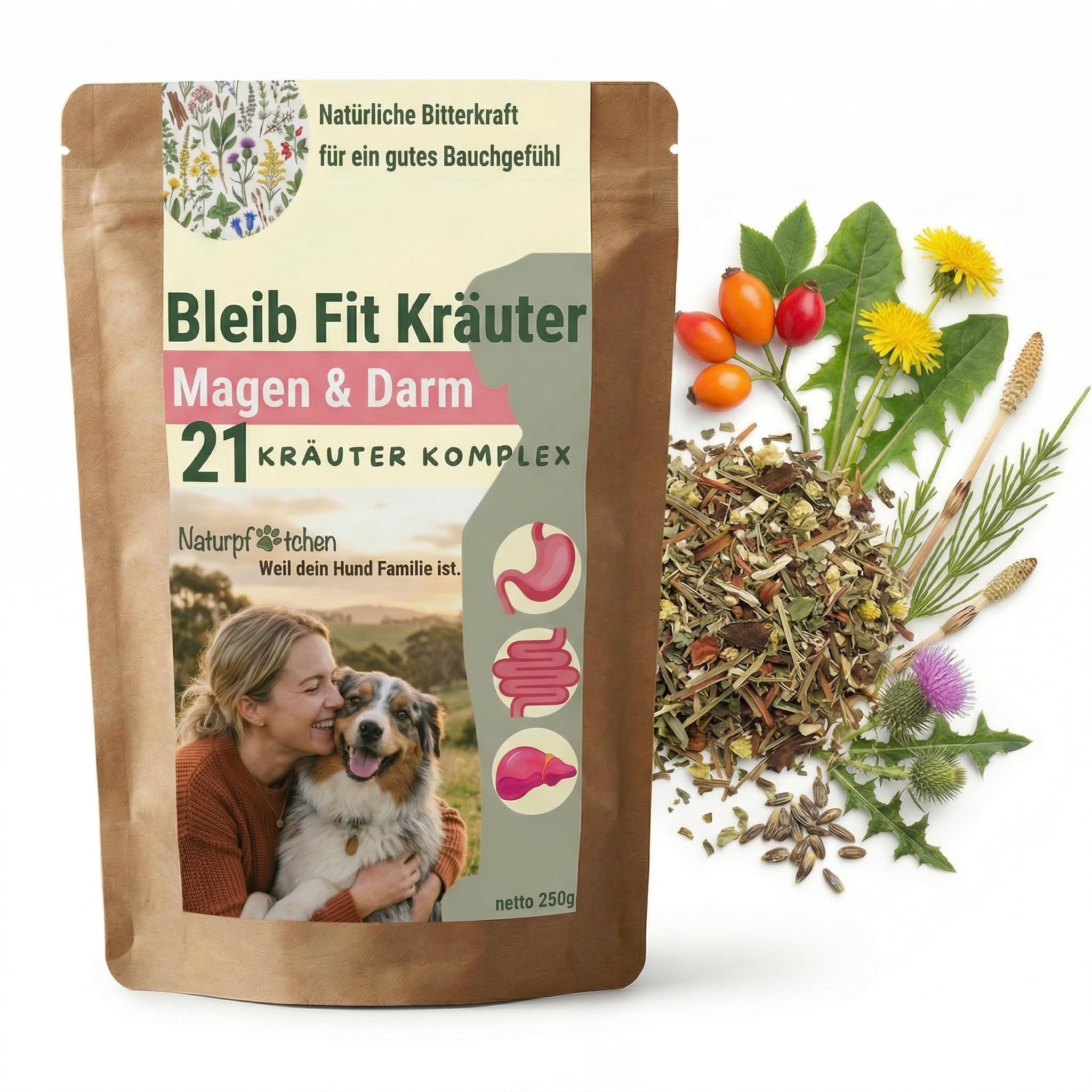 Bleib Fit Bitterkräuter für Hunde 250g - Magen, Darm, Verdauung & Leber - 21-Kräuter-Komplex - Reichhaltige Bitterstoffe - Sättigungsgefühl & Appetitregulation - 100% Natürlich