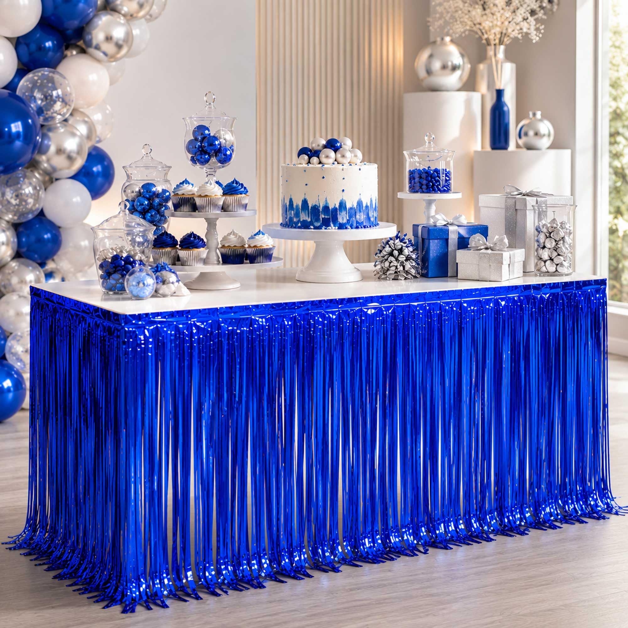 4-Pack Blue Foil Fringe Table Skirt, Metallic Tinsel Streamers, 29x108 In
