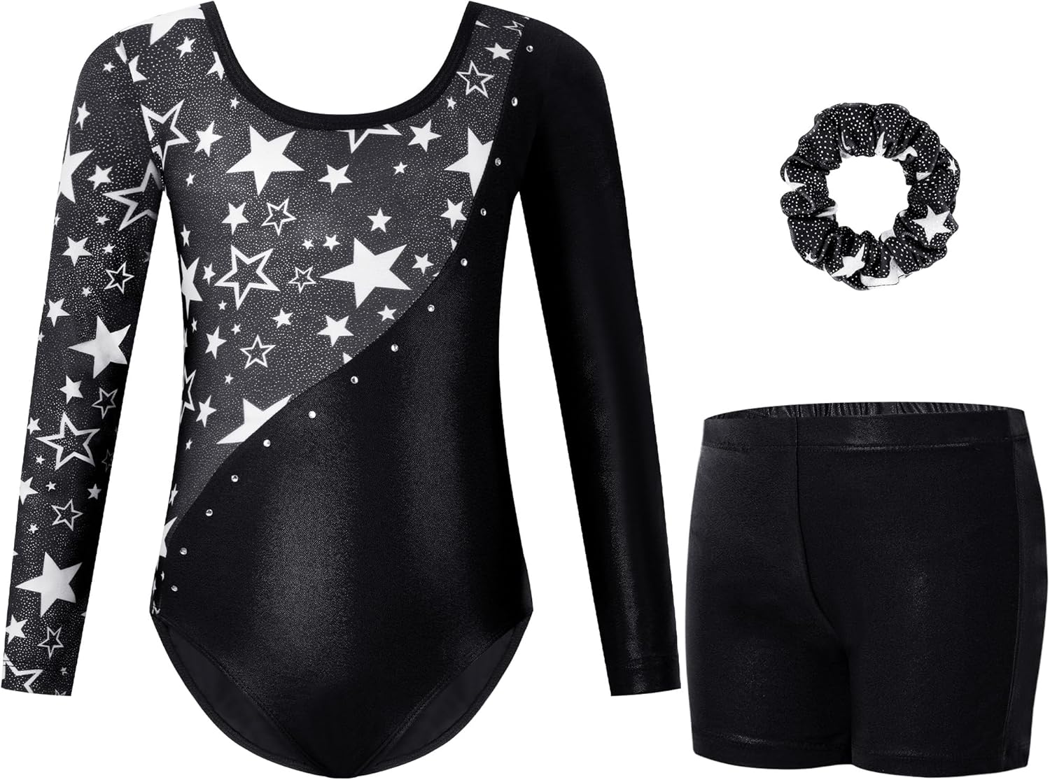 Gogokids Gymnastics Leotards for Girls Long Sleeve Sparkly Rhinestone Dance Unitard with Shorts & Scrunchie Activewear 3–12Y