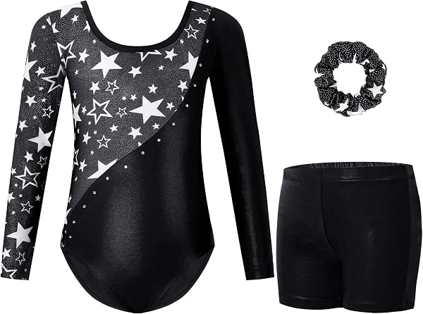 Gogokids, Completo da ginnastica bambina composto da tre pezzi, body senza maniche, pantaloncini e fascia per capelli, tuta danza classica scintillante, con design a colori sfumati, dai 3 ai 12 anni - 1