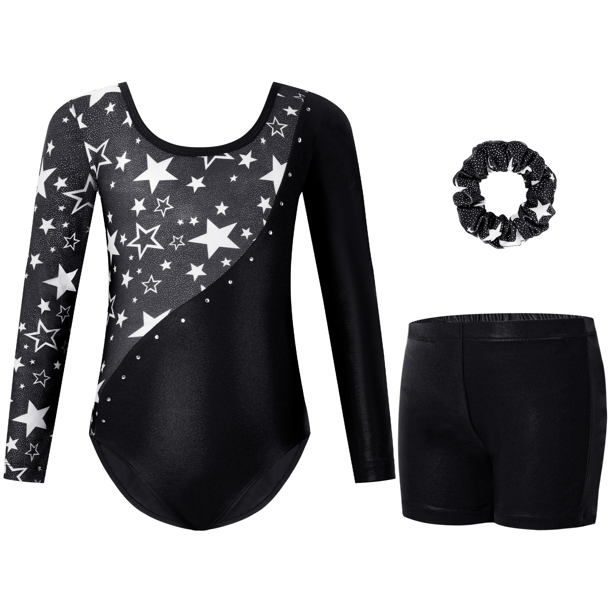 Gogokids Gymnastics Leotards for Girls Long Sleeve Sparkly Rhinestone Dance Unitards Biketards with Shorts for 3-12 Years