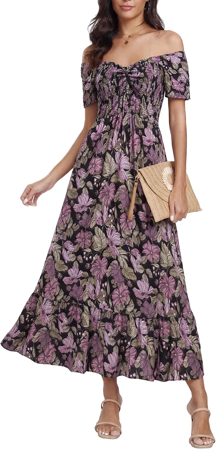 Summer Smocked Boho Maxi Dress for Women 2026 Short Sleeve Floral Smocked Flowy Ruffled Beach Vacation Dresses Lightweight
