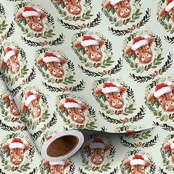 RUSPEPA Christmas Cow Wrapping Paper Roll for Boys Girls, Mini Roll, Adorable Cow in Wreath Santa Hat Design, Light Green Gift Wrap for Kids Holiday, Farmadhouse Party, 17 Inches x 16.4 Feet