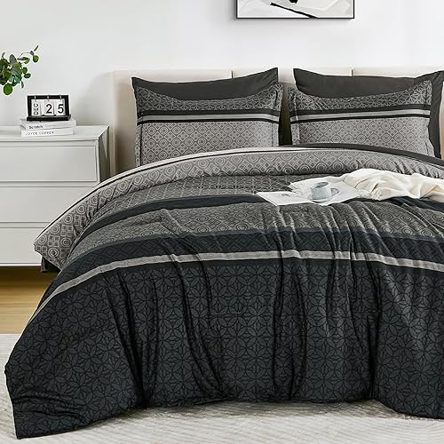 WONGS BEDDING Juego de edredón de 7 piezas tamaño Queen, gris oscuro y negro a rayas, juego de edredón y sábanas, juego de ropa de cama bohemio