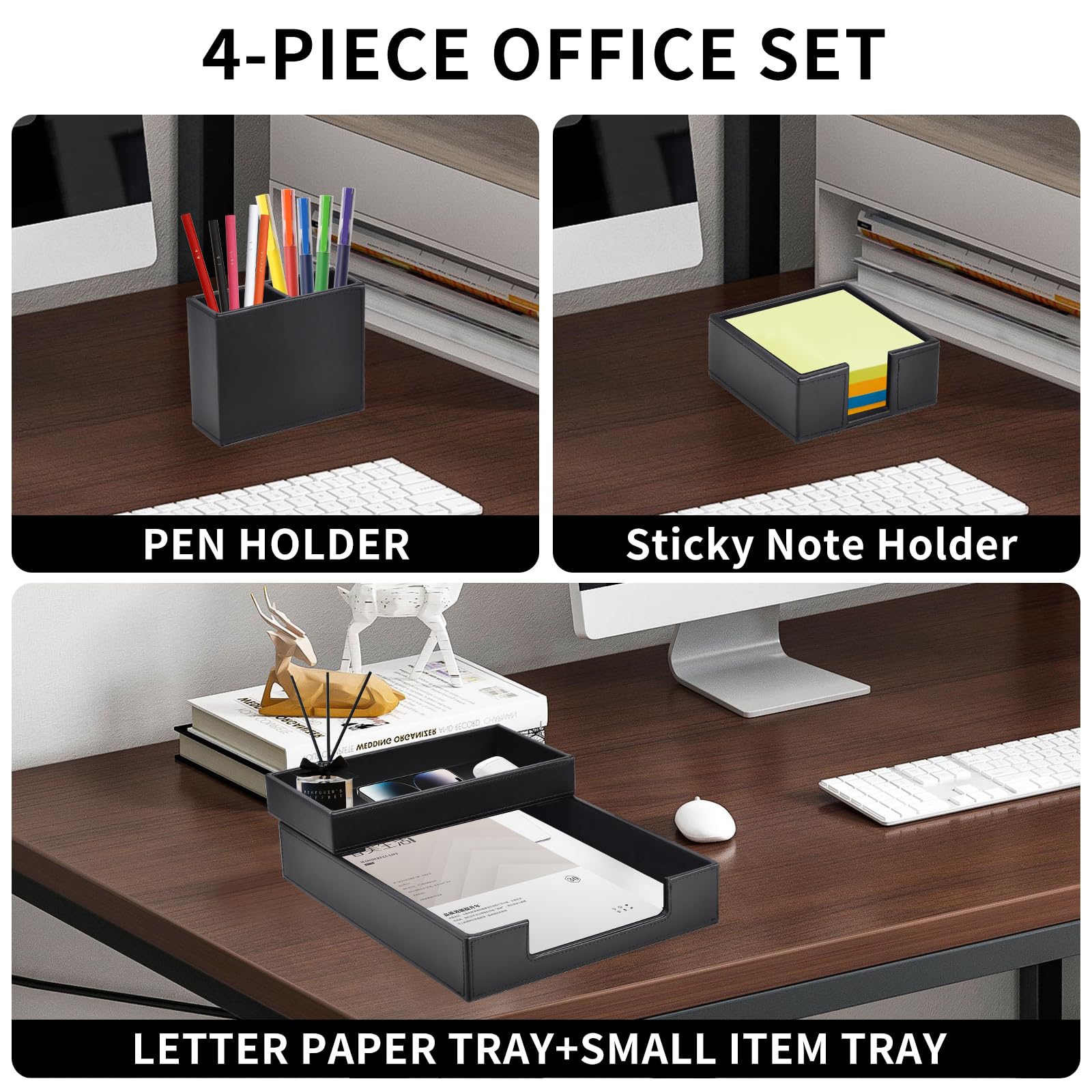 Juego de 4 piezas de cuero para suministros de oficina/organizador de escritorio para bandeja de papel de carta, soporte para notas adhesivas, taza para bolígrafos, bandeja apilable para