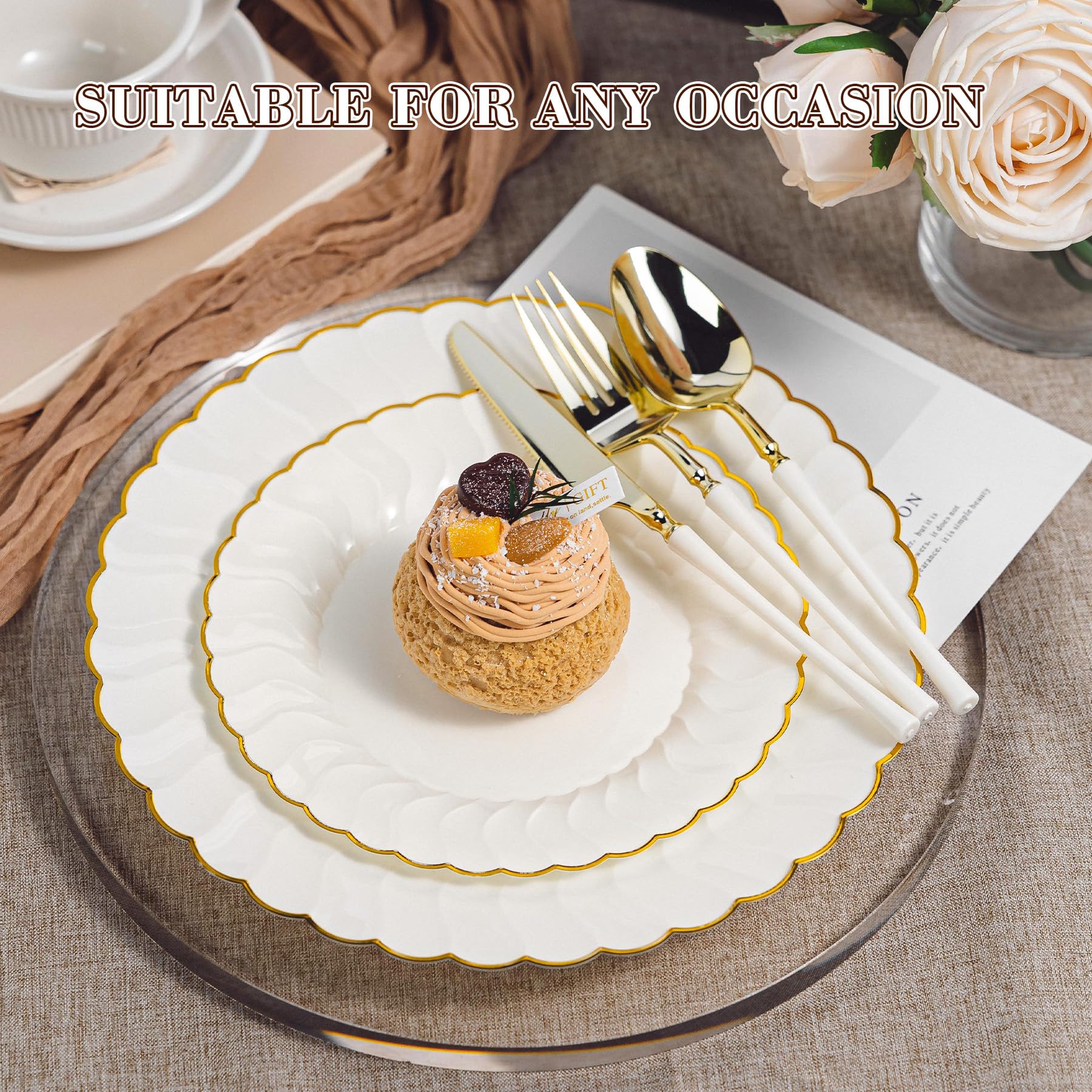 Ivory Scalloped Plates & Gold Disposable Silverware -5