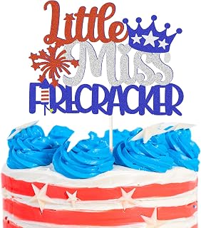 Litter Miss Firecracker Glitter Cake Topper Happy Birthday Gender Reveal Cake Decorations 4th of July Baby Shower Party Photo Supplies Little Firecracker Cake Topper, FourthJ-Blue-CT