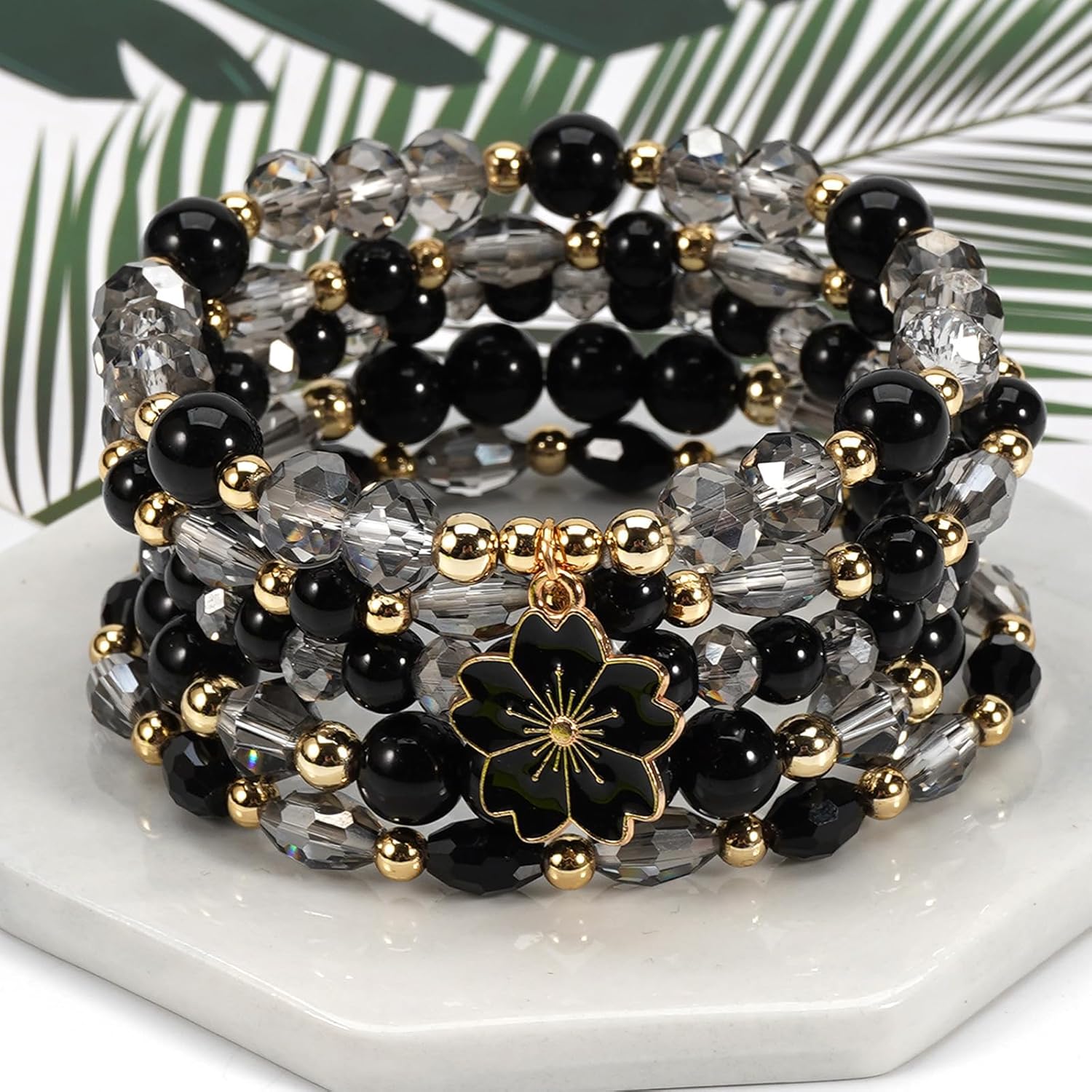 Caiyao 5Pcs Bohemia Multilayer Floewr Crystal Glass Beaded Bracelet Set Colorful Stackable Flower Beaded Friendship Stretch Bracelets for Women Men Summer Beach Boho Hawaii Holiday Jewelry Gifts - Image 3