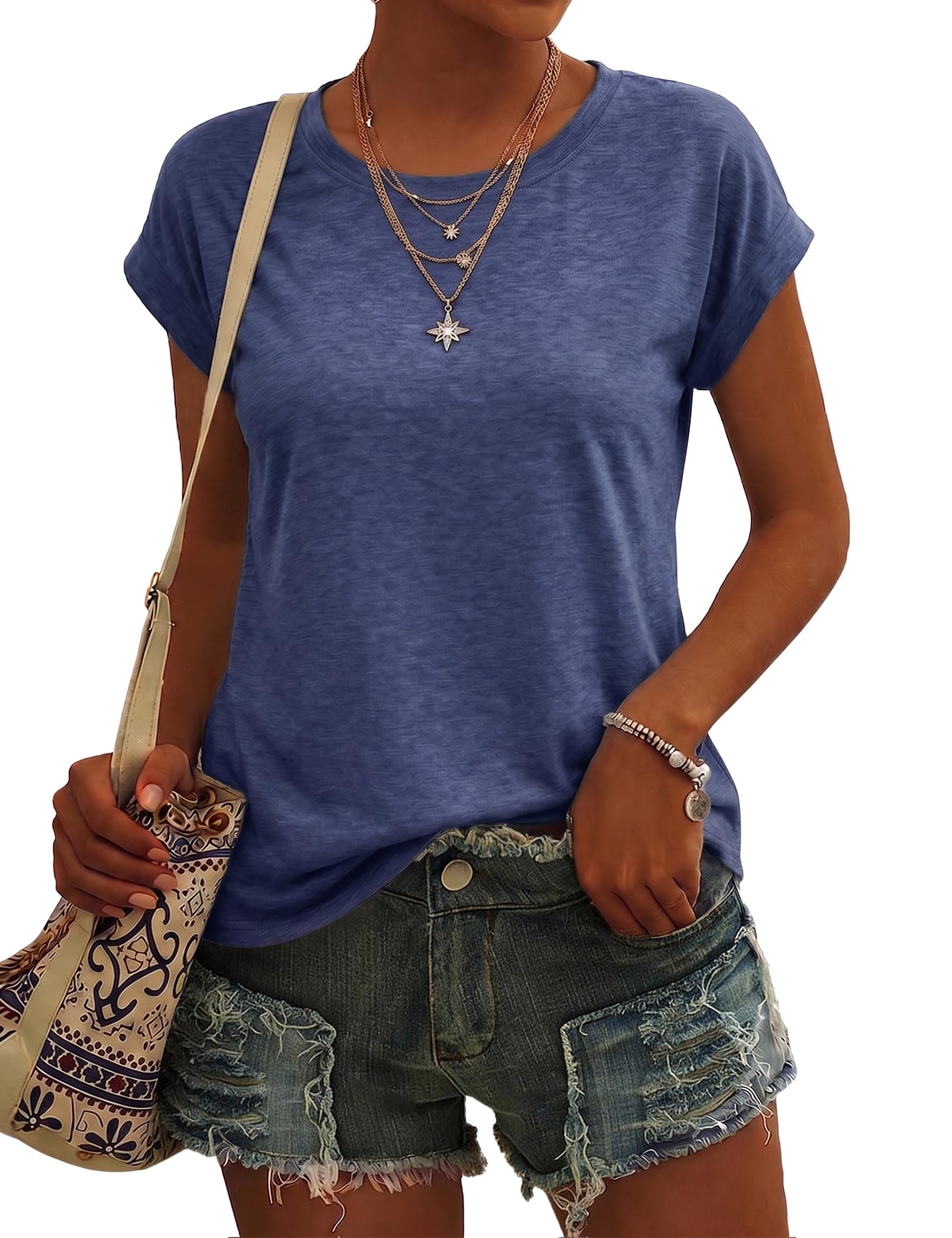 Crewhpo Tshirt Damen Kurzarm Leicht Locker für Sommer Alltag und Freizeit | Weicher Kontakt zur Haut, Dehnbar ohne Einzuengen, für Büro und Reise, zu Jeans und Röcken, Pflegeleicht im Gebrauch