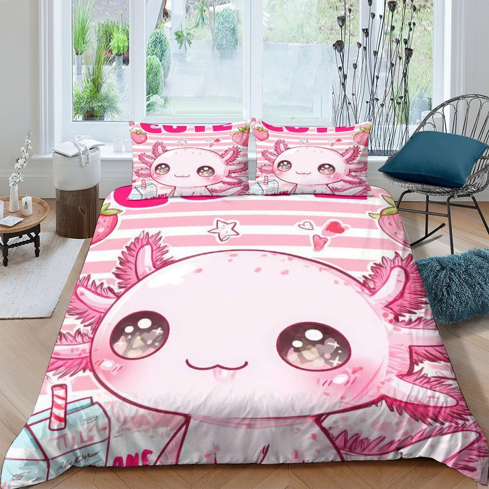 Ctjqhvkz Style-1 3D Printed Cute Axolotl Fitted Sheet Microfiber Pink Cartoon Kawaii Animal Mattress Cover Bedroom Dorm Decor Easy Care Single（135X200cm）