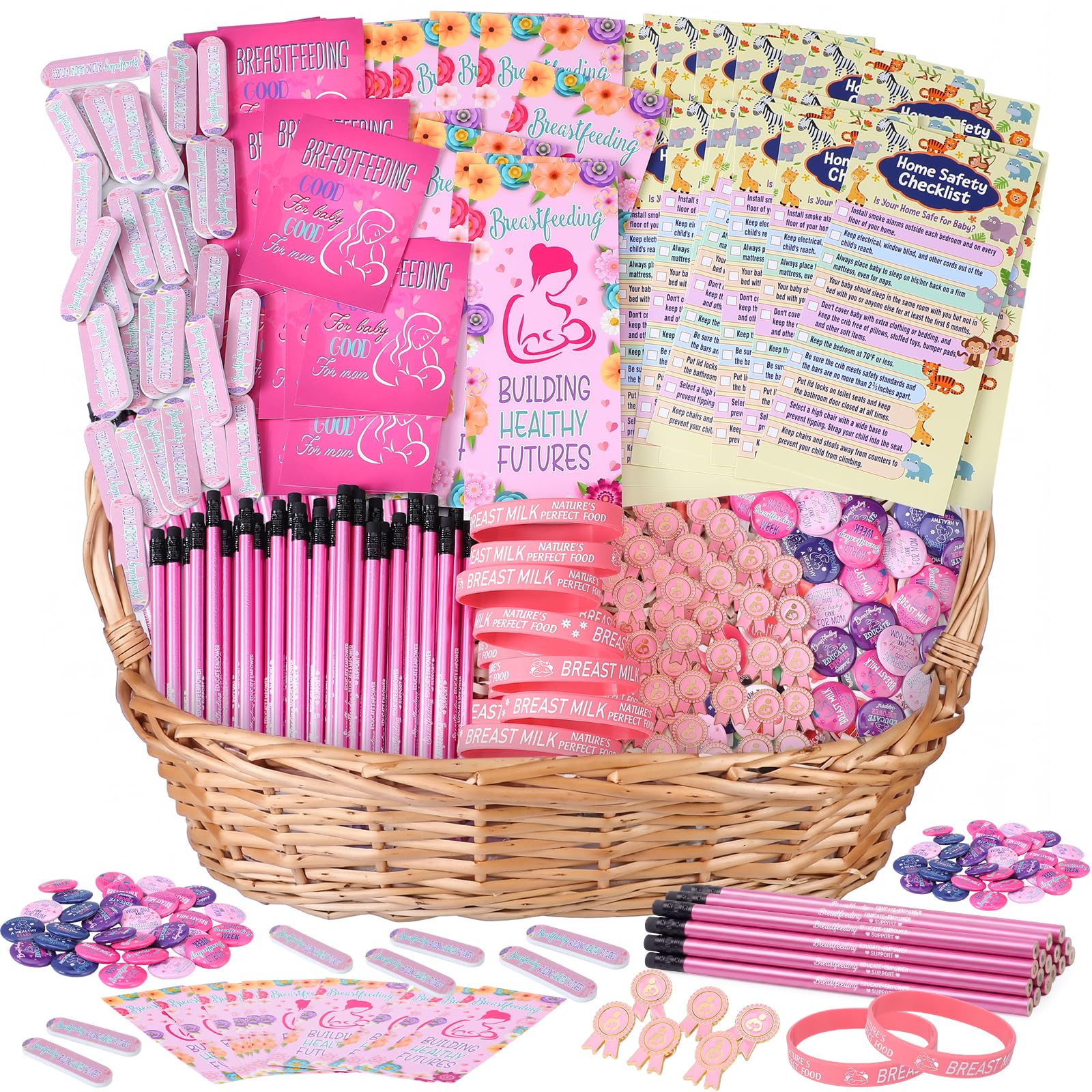 Photo 1 of Saypacck 320 Pcs Breastfeeding Awareness Assortment World Breastfeeding Week Items Wristband Pencils Cutout Emery Boards Button Medal Pin for National Breastfeed Month Supply
