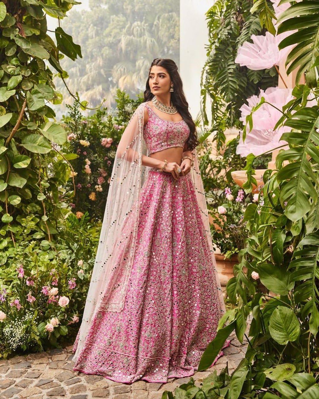 Women's Pink Embroidered,Designer Lehenga Choli Set, Sequin Work, Net Dupatta, Wedding Bridal Wear