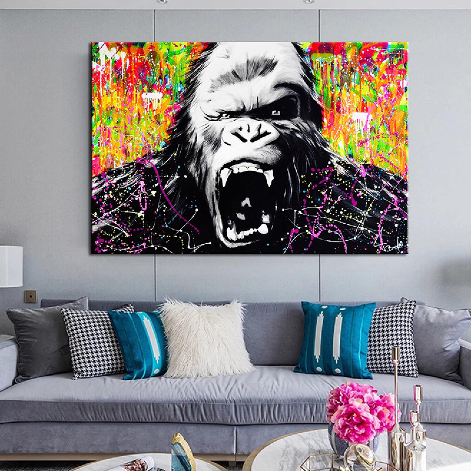 Amazon｜現代のポップアート動物のキャンバスの絵画ゴリラグラフィティ