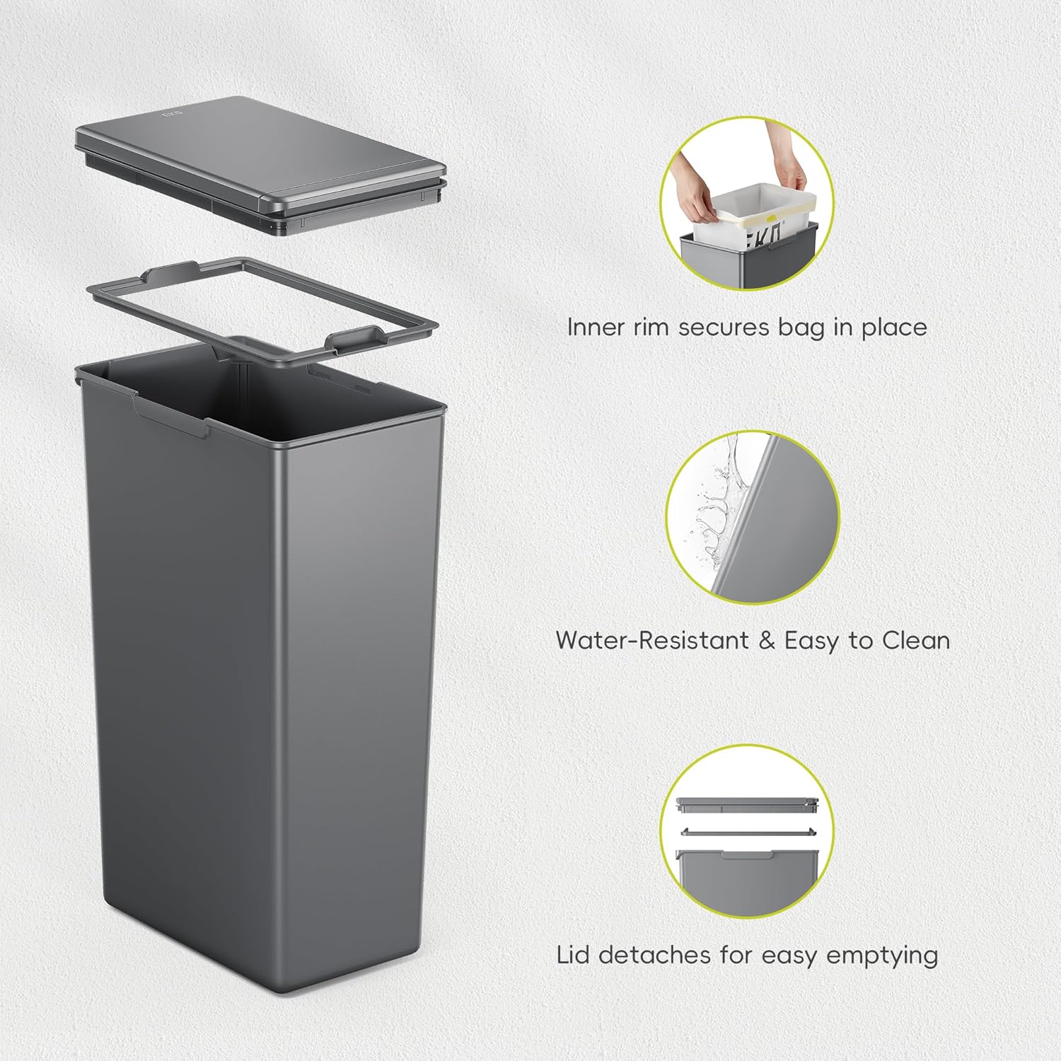EKO Morandi 30L Kitchen Recycling Bin with Touch-Top Lid, Slim Plastic Rubbish Bin with Recycling Stickers and Easy-Clean Finish, Compact Design for Home or Office, Dark Grey