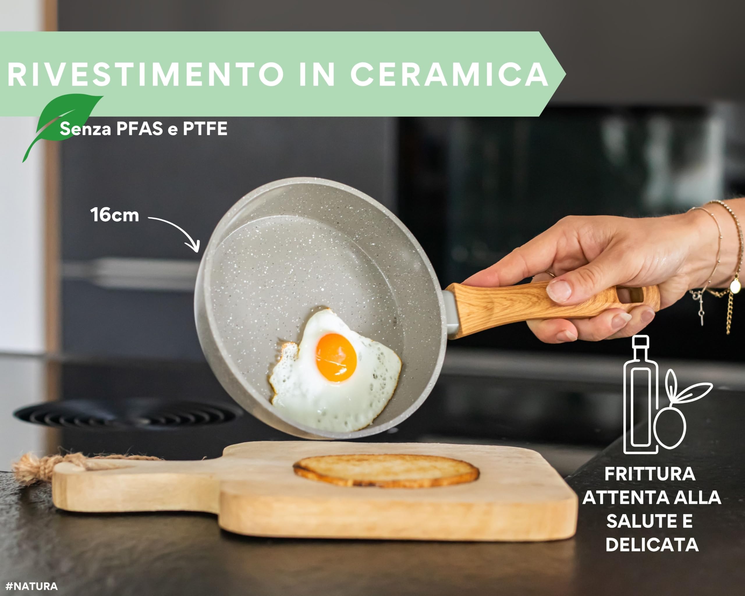 DIVORY Padella in ceramica 16 cm - piccola padella con rivestimento in ceramica, per fornelli a induzione, senza PFAS e PTFE, rivestita, lavabile in lavastoviglie, adatta al forno (Natura, 16 cm)